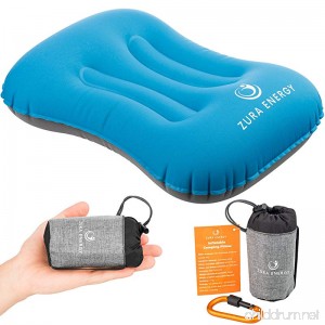 Zura Energy Inflatable Travel/ Camping Pillow + Locking Carabiner + eBook Comfortable Ultralight Compact Ergonomic Beach Pillows Hiking Gear Neck Hammock Support Camp Backpacking Pillows - B075WY5DMV