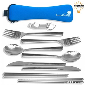 TravelSource 2-person Stainless-Steel Camping Eating Utensils Kit + Case With Backpack Hanging Strap Chopsticks & Bottle Opener - B01LX29R5C