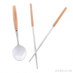 Dolity Portable Oak Wood Stainless Steel Soup Spoon Chopsticks Outdoor Tableware 22cm 19cm - B07C8224J4