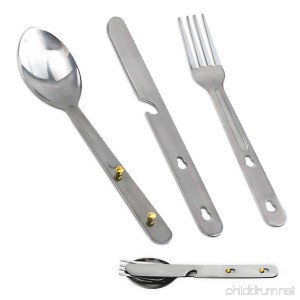 3pc Camping Eating Utensil Set - Clip-Together - Stainless Steel Fork Spoon Knife with Can Opener - B005CWCQBC