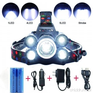 5 LED Headlamp 8000 Lumens 4 Modes Waterproof Flashlight Headlight Torch with 2 Rechargeable Batteries USB Cable Wall Charger and Car Charger for Hiking Camping Riding Fishing Hunting Outdoor Sports - B073DCM5HQ