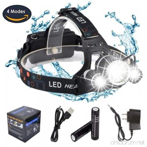 DABASO Rechargeable Headlamp Adjustable Headband and 90 Degree Moving Light 8000 Lumen Waterproof LED Headlight with 4 Brightness Modes for Running Camping Cycling Fishing Hunting Climbing - B076THG659