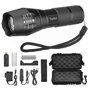 TopBest LED Tactical Flashlight Portable Ultra Flashlight Adjustable Focus and 5 Light Modes 1200 Lumen Outdoor Water Resistant Handheld Torch and Rechargeable 18650 Lithium Ion Battery and Charger - B073XL5PNH