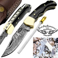Buffalo Horn 6.5'' Custom Handmade Damascus Steel Brass Bolster Back Lock Folding Pocket Knife 100% Prime Quality Sharpening Rod Plus Camel Bone Stainless Steel Mini Pocket Knive - B00YQIW99C