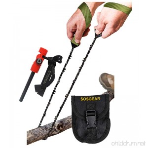 SOS Gear Pocket Chainsaw and Fire Starter - Survival Hand Saw Firestarter with Built in Compass & Whistle Embroidered Pouch for Camping & Backpacking - Green Straps 36 Chain - B075Y2Y1JH